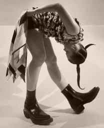 Model bending over wearing a textured top, patterned wrap skirt, and black boots against a neutral background