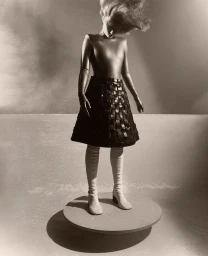 Model standing on a circular platform wearing a metallic top, woven dark skirt, and tall boots in a studio shot.