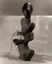 Sculptural stack of dark leather shoes and apparel forming a totem against an abstract textured background