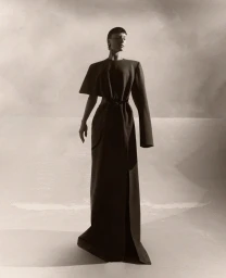 Model wearing a structured dark coat with exaggerated shoulders in a monochromatic studio setting.