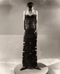 Model standing on a circular platform wearing a dark strapless dress wrapped in grommeted belts for Acne Paper Solar