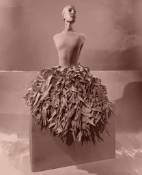 Model wearing sculptural fringed skirt and fitted top seated on block in monochromatic editorial photography by Paul Kooiker.