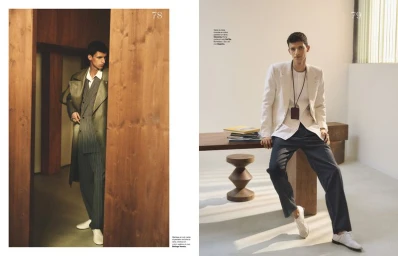 Two panel fashion spread featuring a male model in a green trench coat and striped suit, and a male model in a white blazer and dark trousers.