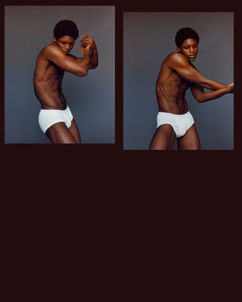 Two images of a muscular, dark-skinned adult male in white underwear posing against a grey studio backdrop with soft lighting.