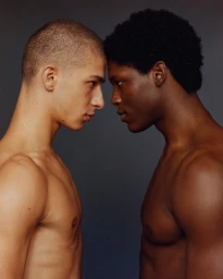 Two shirtless young men facing each other with their foreheads touching against a dark grey background