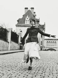 Young male model in a textured jacket and flared trousers walking on a cobblestone street before a European building.