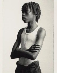 Young Black boy with locs wearing a white ribbed tank top and dark pants, standing with arms crossed against a plain backdrop.