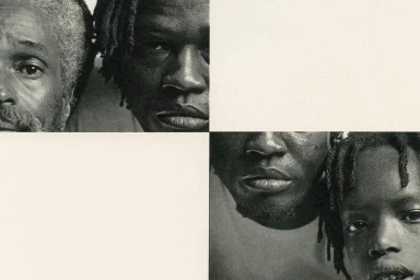 Black and white editorial portrait collage featuring four fragmented views of Black subjects on a textured off-white background.