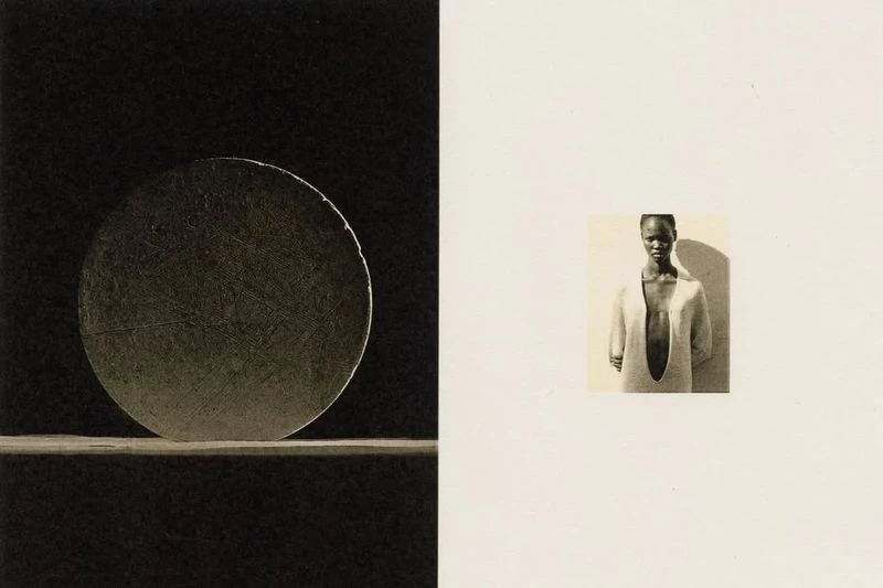 Composite image featuring a round, textured disc on a shelf against a dark backdrop, juxtaposed with a portrait of a person in a cream dress.