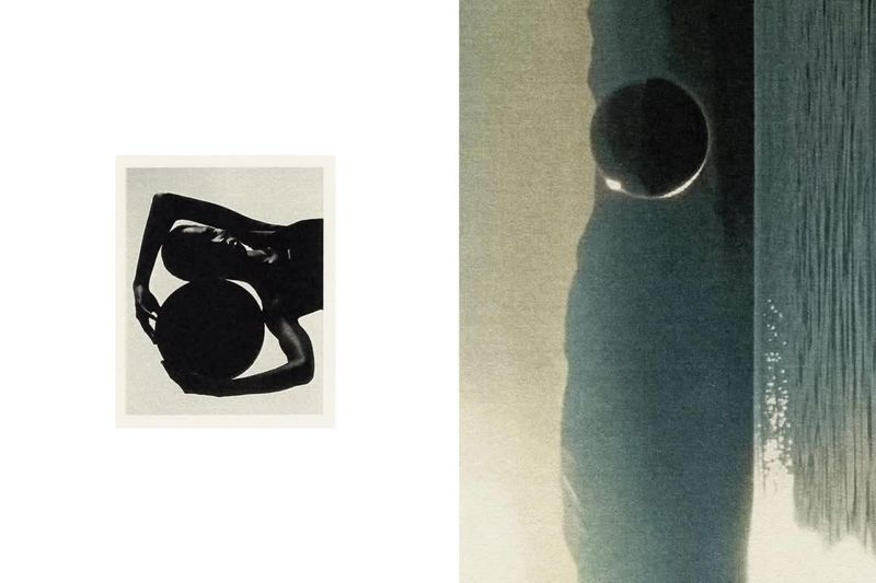 Monochromatic artistic composition: portrait of a person holding a sphere alongside an abstract sphere and linear background.