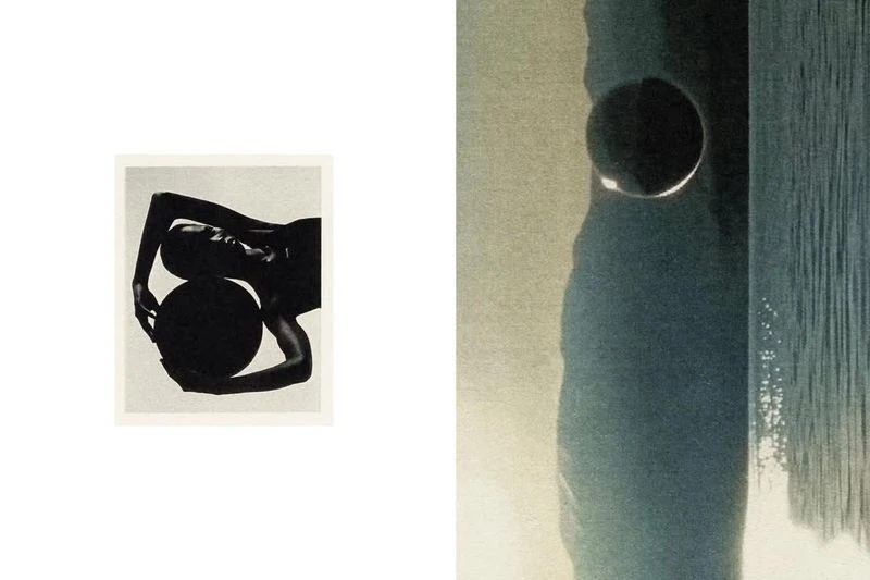 Monochromatic artistic composition: portrait of a person holding a sphere alongside an abstract sphere and linear background.