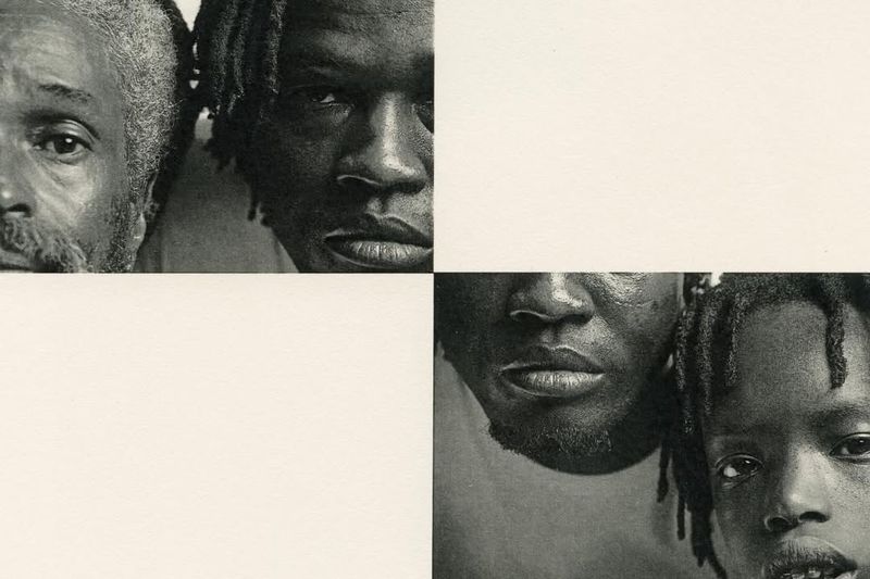 Black and white portrait collage featuring four distinct human faces of different ages, expressing serious expressions, evoking a sense of contemplation.