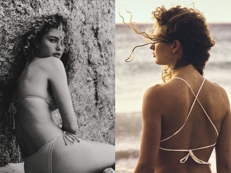 Two women with curly hair pose in bikinis on a beach and against a rock formation in a split-screen composition. Fashion and beach theme.