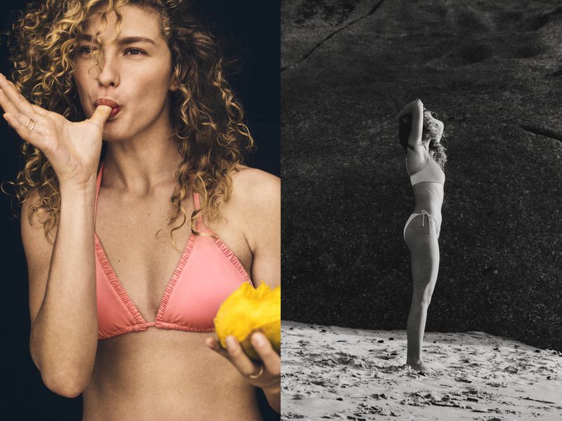 A woman in a bikini eats a mango, contrasted with a black and white image of a woman in a bikini standing near a rock on a beach.