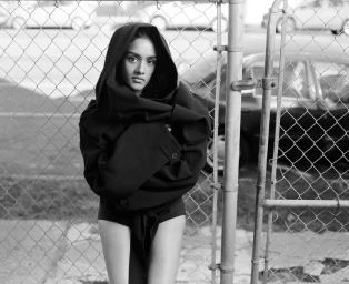 Woman in black hooded coat posing against a chain-link fence for Side-note project Shabana Azeez