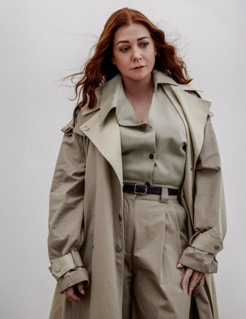 Stylish woman with red hair poses in a beige trench coat and matching suit, looking off-camera in a fashion editorial shot.