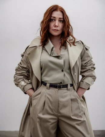 Red-haired woman in a tan trench coat and matching shirt and pants stands in a photo studio, posing with her hands in pockets.