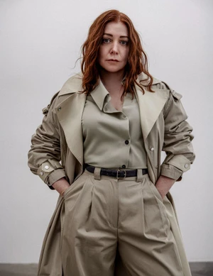 Alyson Hannigan wearing a beige trench coat and trousers against a white seamless background for Numero Netherlands.