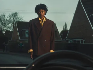Young man in a brown double-breasted blazer and yellow shirt standing outdoors on a residential street.