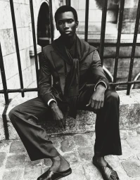 Black and white editorial portrait of a seated male model in a tailored suit and slides against stone architecture