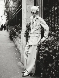 Model leaning against a stone wall in a belted jacket and wide trousers for HERO Magazine