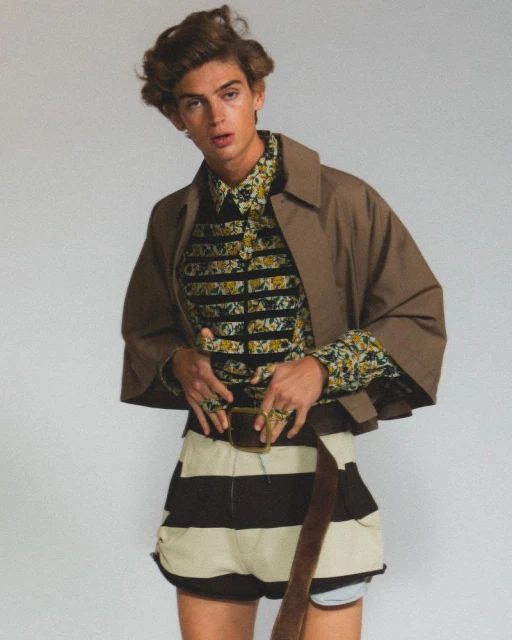 Fashionable male model in studio, wearing floral shirt, short jacket, striped shorts, belt. Neutral backdrop, portrait orientation.