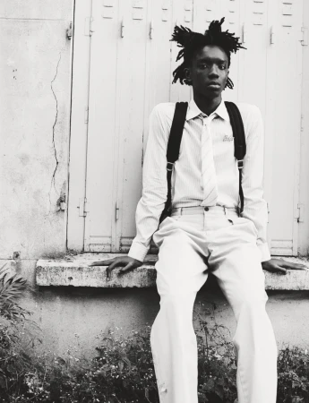 Monochrome portrait of a Black male sitting in front of a boarded-up window wearing a shirt, tie, suspenders, pants, and backpack.