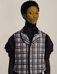 Model wearing a plaid vest and dark high-neck top against a light seamless background for HERO Magazine.