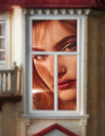Close-up of a woman's face seen through a window with white frames and blurred exterior architectural details of a building.