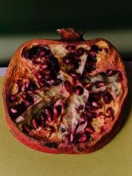 Close up vertical photograph of a halved pomegranate showing deep crimson arils and textured skin on a muted olive surface.