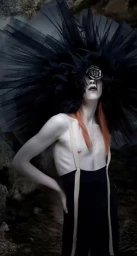 Model with dramatic black tulle headpiece and long red hair wearing dark trousers with suspenders in a natural rocky setting