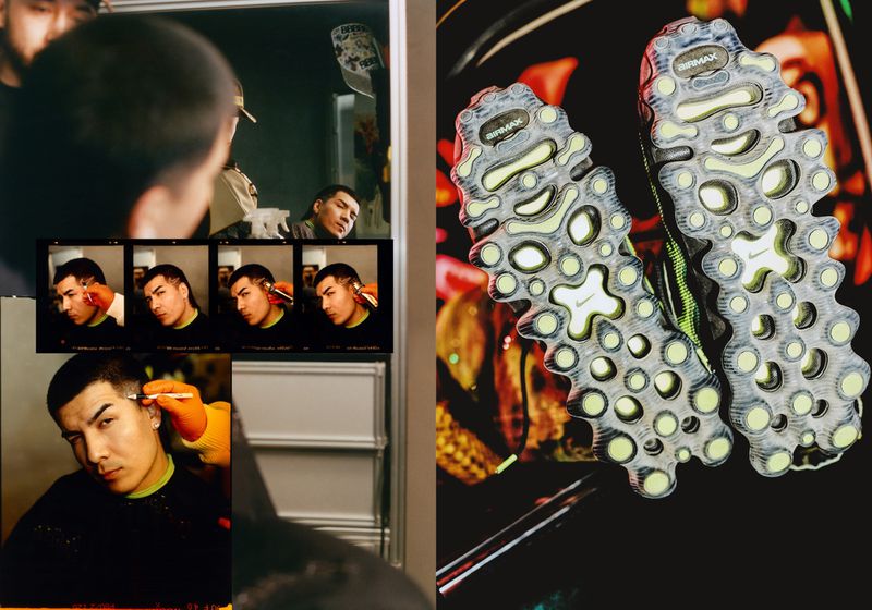 A split-screen image featuring a man receiving a haircut on the left and the soles of two Nike Air Max sneakers on the right.