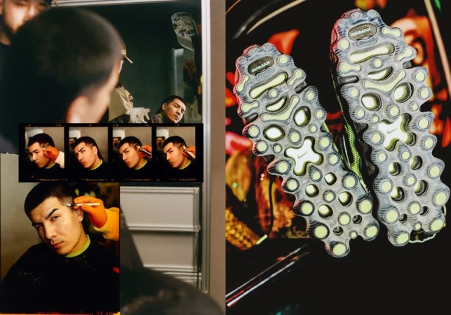 A split-screen image featuring a man receiving a haircut on the left and the soles of two Nike Air Max sneakers on the right.