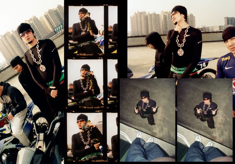 Multiple images show a man in athletic wear and sunglasses wearing a large chain, posing with motorcycles, against an urban skyline.