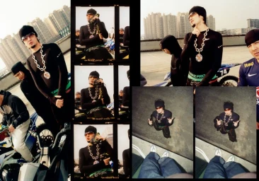 Multi-pane photographic layout showing men in black athletic tops and beanies with a motorcycle against an urban rooftop background.