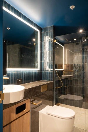 Modern bathroom interior featuring blue tiled walls, a bright LED mirror, white ceramic sink and toilet, wood cabinetry, and glass shower.