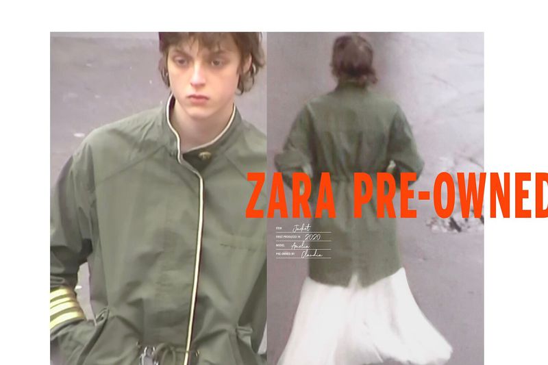 Model wearing an olive green jacket with white skirt against a neutral backdrop for Zara Pre-owned 2026