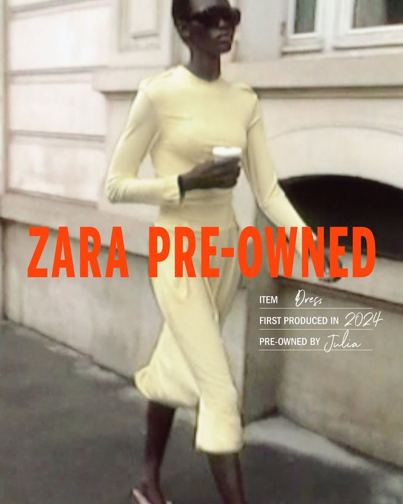 Model in pale yellow long sleeve top and matching skirt walking on street holding a cup for Zara Pre-owned