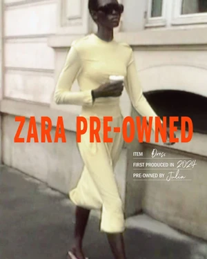 Model in pale yellow long sleeve top and matching skirt walking on street holding a cup for Zara Pre-owned