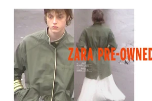 Model wearing an olive green jacket with white skirt against a neutral backdrop for Zara Pre-owned 2026