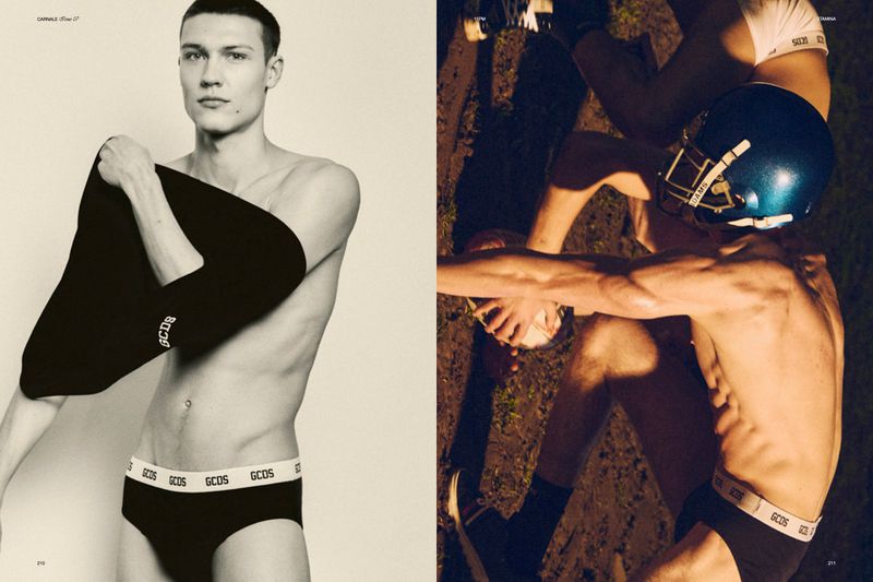 Split image of a male fashion model in black underwear and two male football players in action, one wearing a helmet.