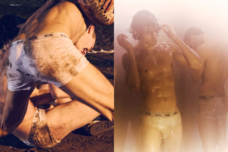 A diptych image features three shirtless men in white briefs with the 'GCDS' logo at the waistband, shot in contrasting environments.