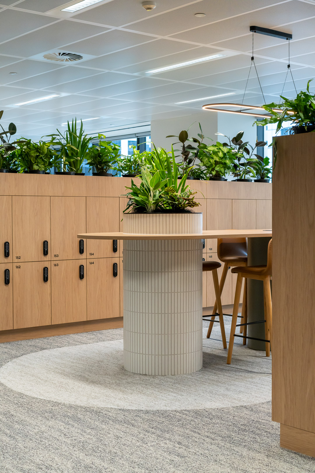 Bright office space with custom storage, round table and stools, houseplants, and soft light modern workplace interior design.