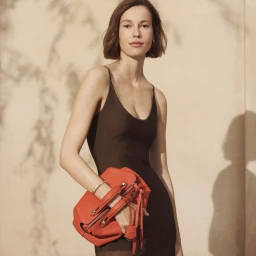 Model Mali Koopman in a dark dress holding a bright red leather handbag against a neutral wall for Fendi SS25.