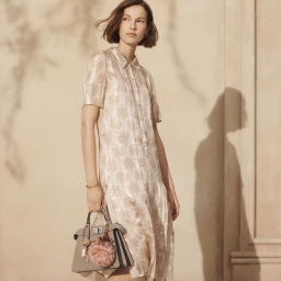 Model wearing patterned short-sleeve midi dress holding a grey handbag against a textured neutral wall.