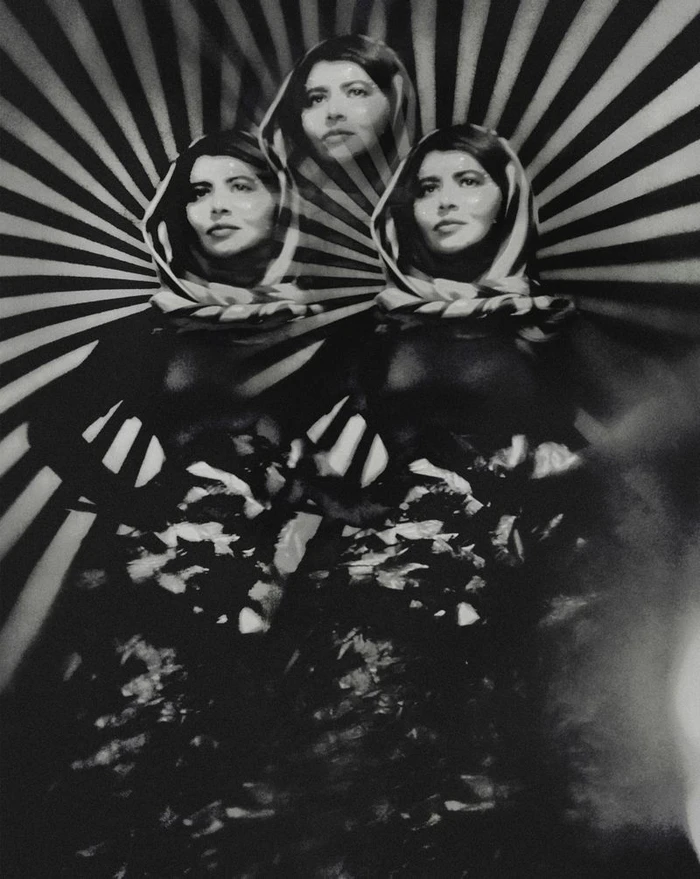Portrait featuring multiple exposures of Malala Yousafzai against a high-contrast radial striped background