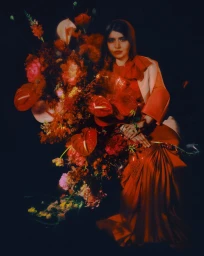 Malala Yousafzai seated beside an extravagant arrangement of red and orange flowers in a striking editorial portrait for British GQ.