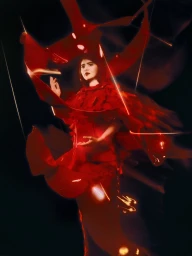 Malala Yousafzai in a red sculptural dress surrounded by dynamic ribbons of light against a dark background