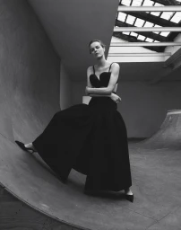 Model Eva Herzigova wearing a black dress inside a concrete skatepark for CAP 74024 photographed by Marco Cella