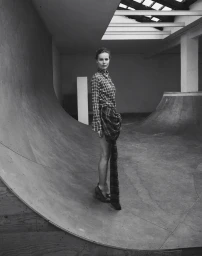 Eva Herzigova in a plaid shirt standing inside a skate ramp ramp structure for CAP 74024 photographed by Marco Cella